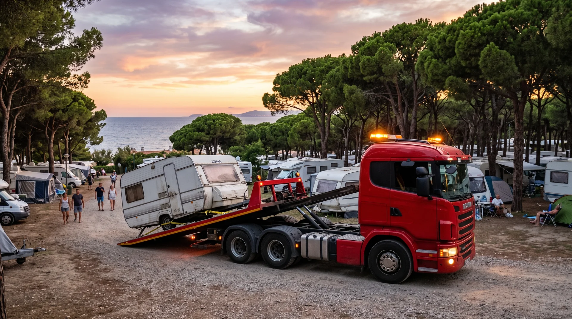 Grúa portacoches roja rescatando caravana clásica averiada en área de camping de Castelldefels al atardecer