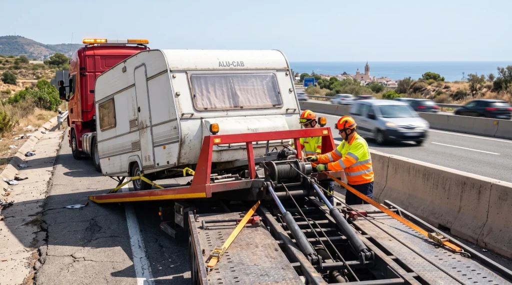 Grúa plataforma pesada preparando traslado de caravana familiar averiada en el arcén de la autopista C-32 cerca de Sitges