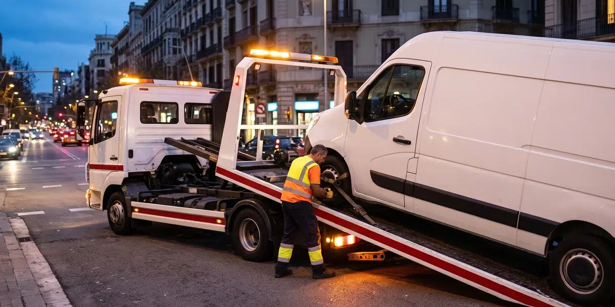 Grúa plataforma cargando una furgoneta de reparto en una calle de Barcelona al anochecer