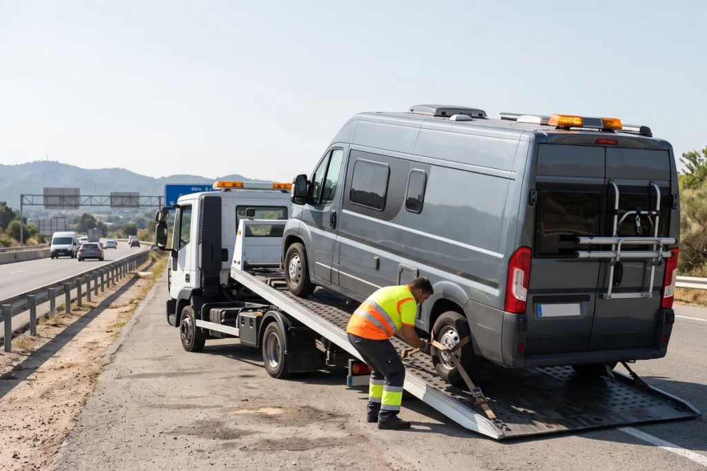 Furgoneta camper amarrada con correas en la plataforma de una grúa en una autovía cerca de Barcelona